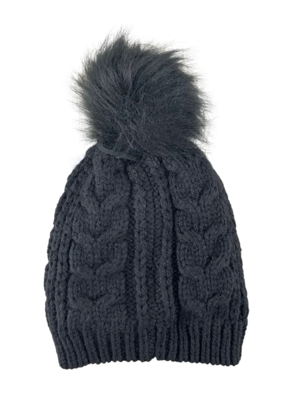 Women's Cable Pom-Pom Beanie Hat Black Winter